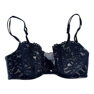 b.Tempted Wacoal Black Lace Bra 34D Floral Underwire Balconette‎ Lined Bow Mesh